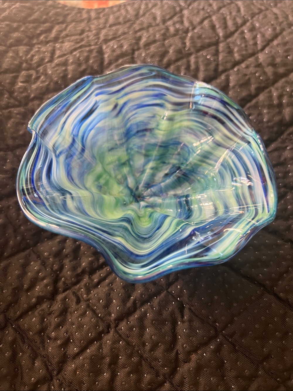 Les 3 Corbeaux Blown Glass Ruffled Art Bowl - Blue/Green Swirl
